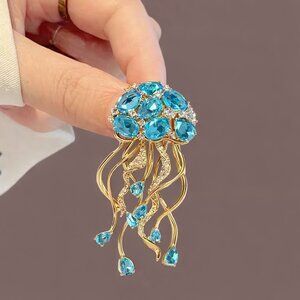 Jellyfish Gold and Blue Brooch Pin Rhinestone